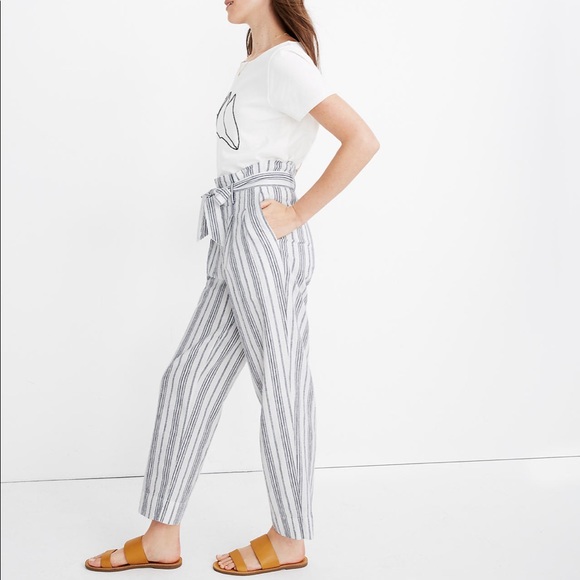 Linen-Cotton Paperbag Pants in Dark Baltic Stripe - Picture 2 of 9